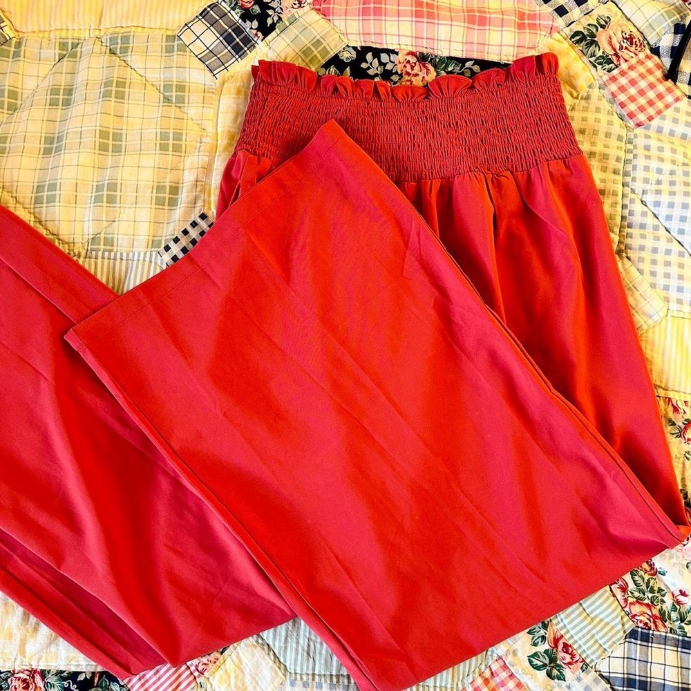 Coral wide leg flowy flare pants with high rise elastic waistband